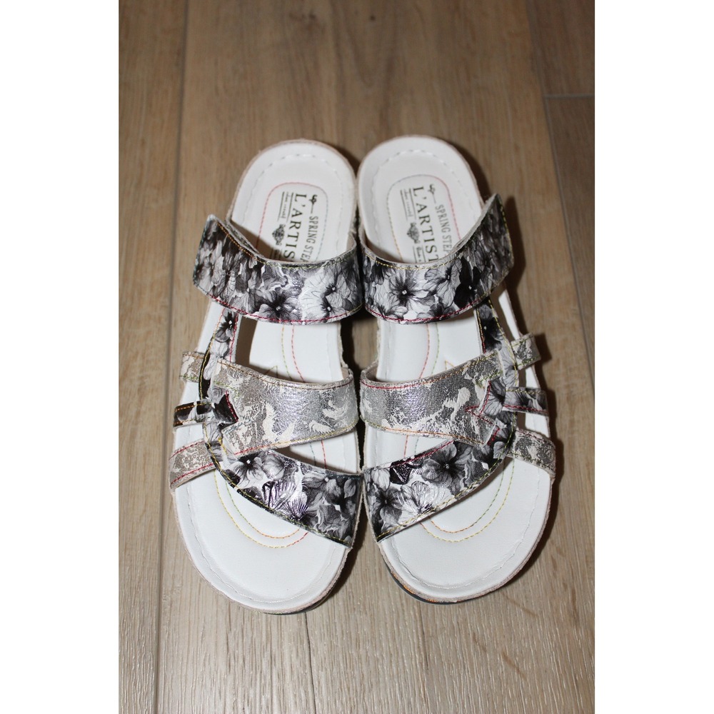 L'Artiste Spring Step Caiman Floral Leather Wedge Slide Sandals Silver White 38